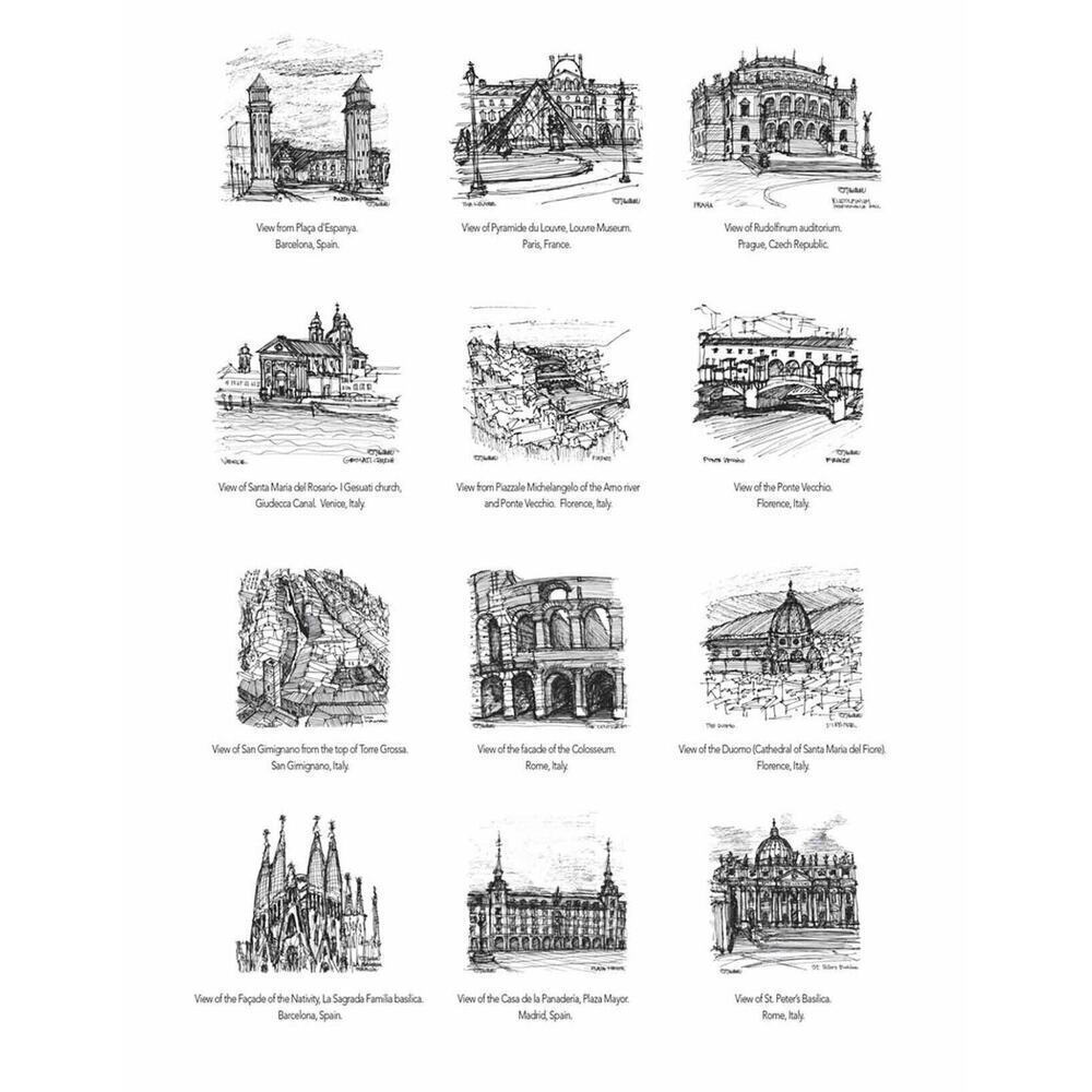 Set (12) Prints European Architecture Travel Sketches Signed Drawings DT Hubbell